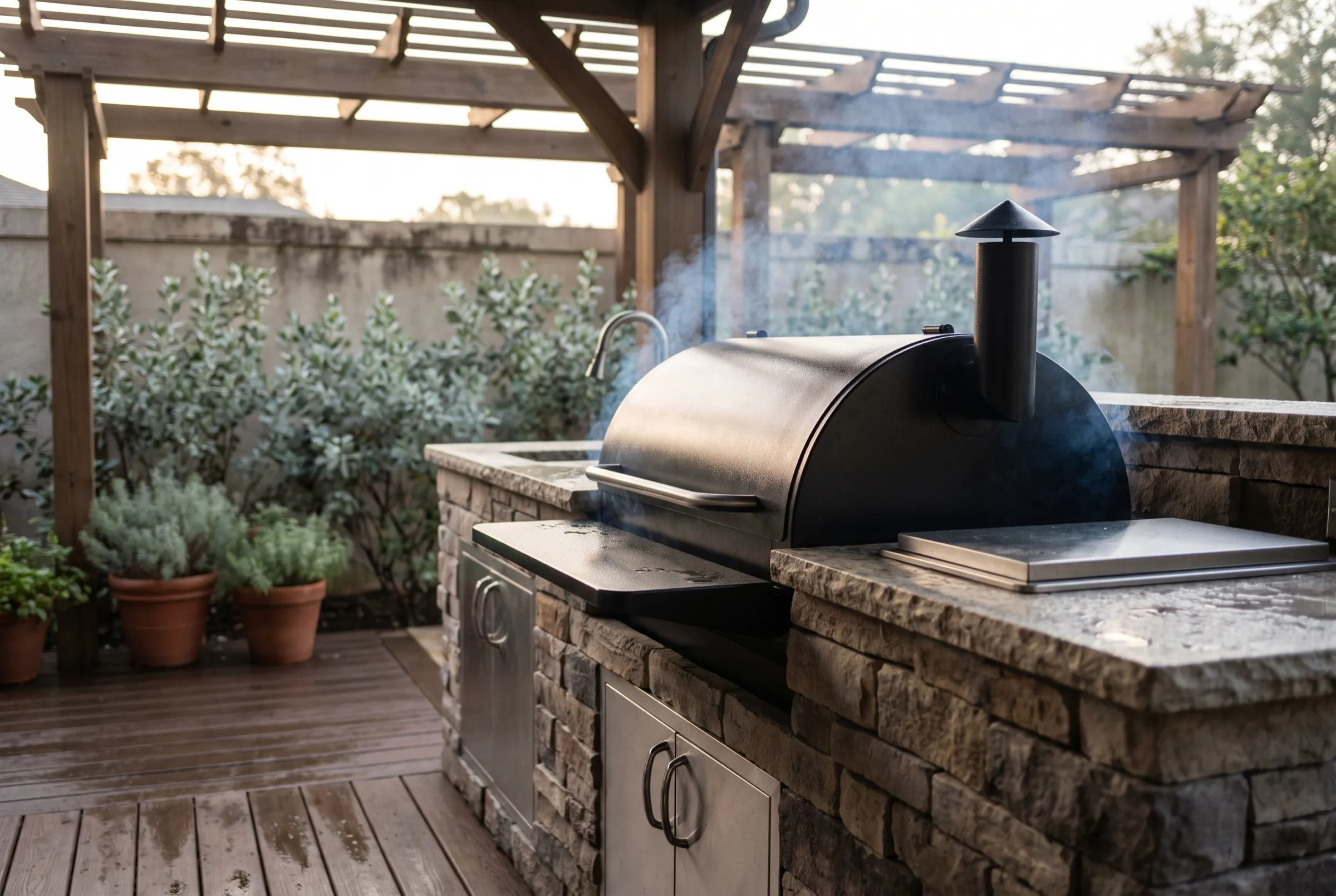 Black pellet grill built into a stone and stainless island on a covered patio