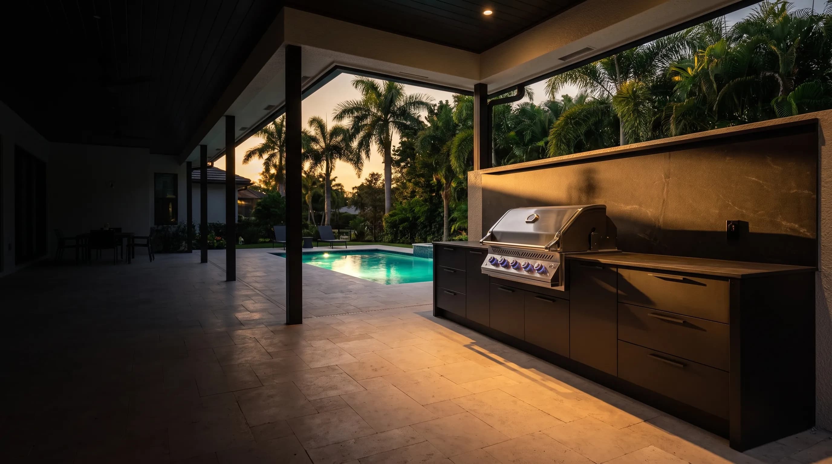 Matte black outdoor kitchen with a stainless built-in grill under a covered lanai, beside a lit pool and palms at dusk